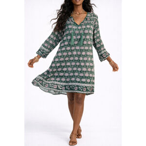 SZ Blockprints Green Cotton Tassel Tie Tunic Dress One Size